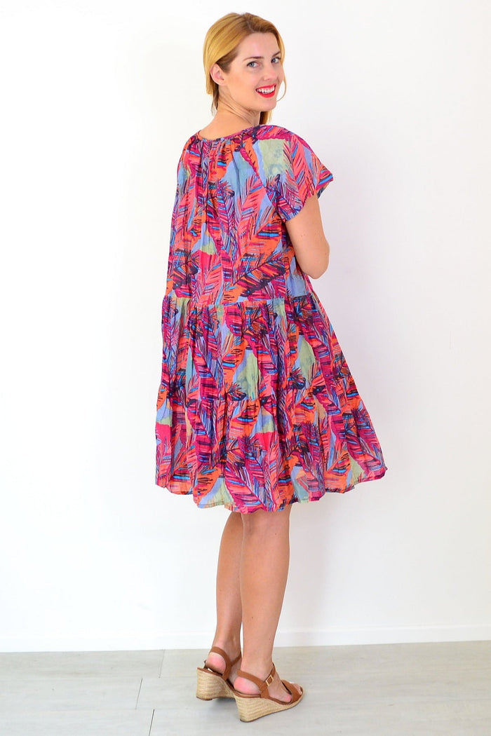 Poppy palm leaves print cap sleeve tunic dress by One Summer, lightweight fabric, relaxed fit, casual summer style.