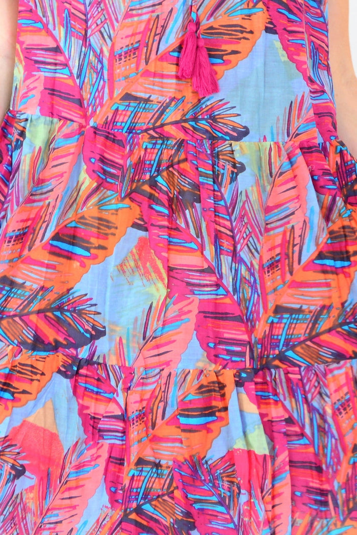 Poppy palm leaves print cap sleeve tunic dress by One Summer, featuring a relaxed fit and vibrant tropical design.