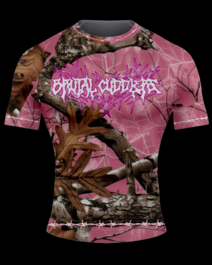 Brutal Cuddlers Sub Hunter pink camo BJJ rashguard front view for no gi grappling