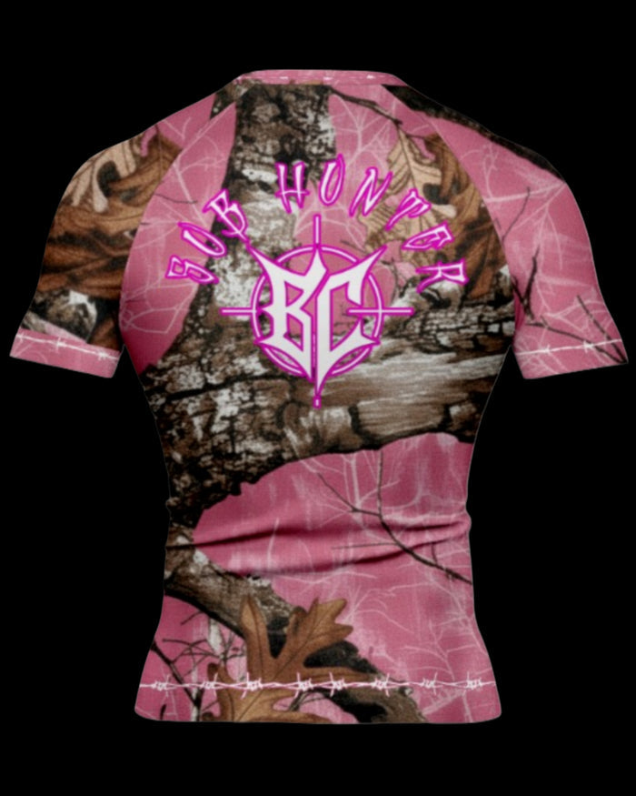 Brutal Cuddlers Sub Hunter pink camo BJJ rashguard back design for grappling