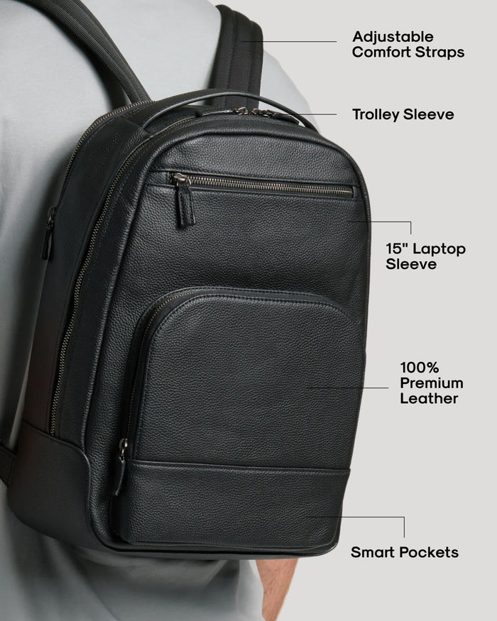Premium Leather Backpack worn over shoulder, showcasing padded straps and trolley sleeve.