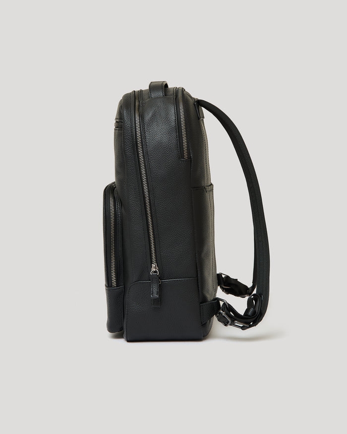 Premium Leather Backpack side view with zippered compartments and adjustable straps.