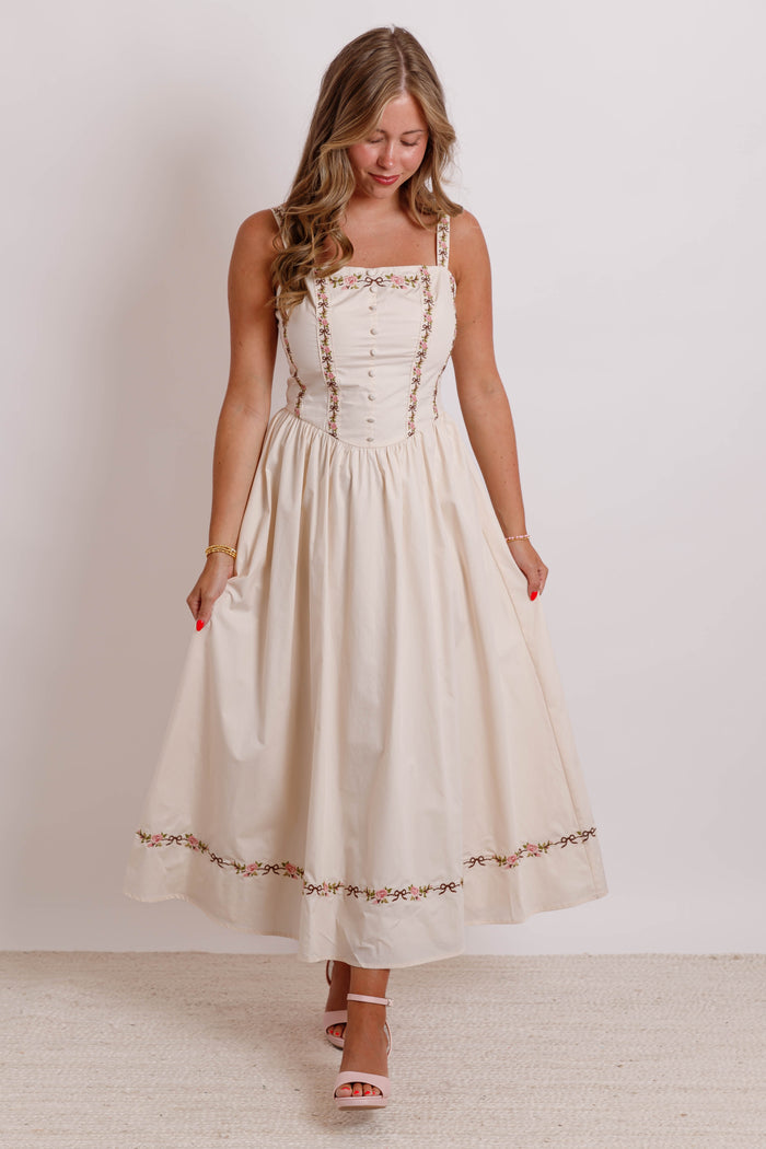 Floral Ribbon Embroidered Square Neckline Midi Dress- Women's Cottagecore Dress- Mable Midi Dress