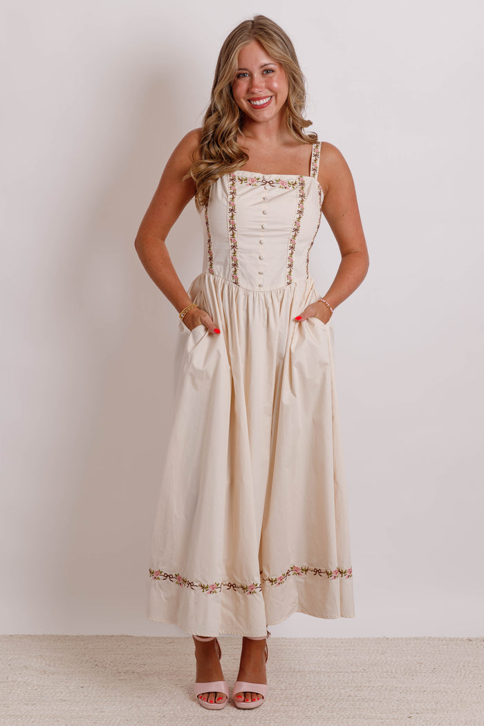 Floral Ribbon Embroidered Square Neckline Midi Dress- Women's Cottagecore Dress- Mable Midi Dress