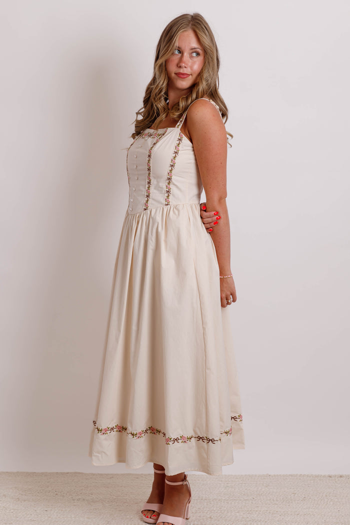Floral Ribbon Embroidered Square Neckline Midi Dress- Women's Cottagecore Dress- Mable Midi Dress