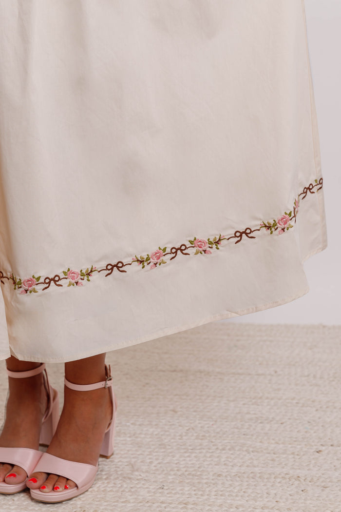 Floral Ribbon Embroidered Square Neckline Midi Dress- Women's Cottagecore Dress- Mable Midi Dress