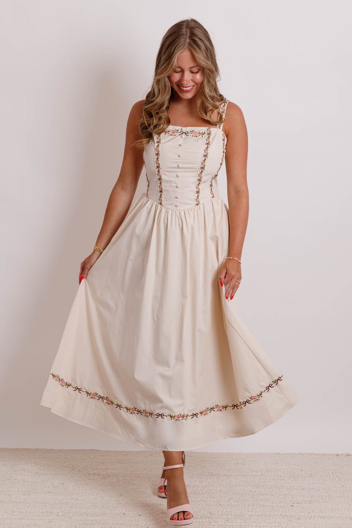Floral Ribbon Embroidered Square Neckline Midi Dress- Women's Cottagecore Dress- Mable Midi Dress