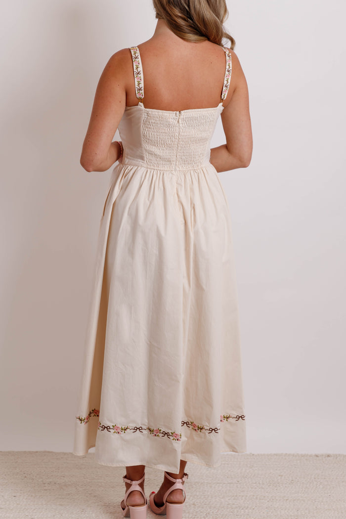 Floral Ribbon Embroidered Square Neckline Midi Dress- Women's Cottagecore Dress- Mable Midi Dress
