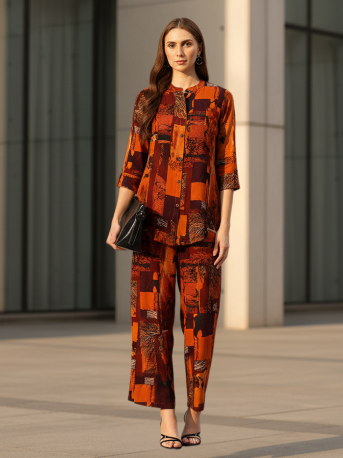 Printed Mandarin Collar Co-Ords