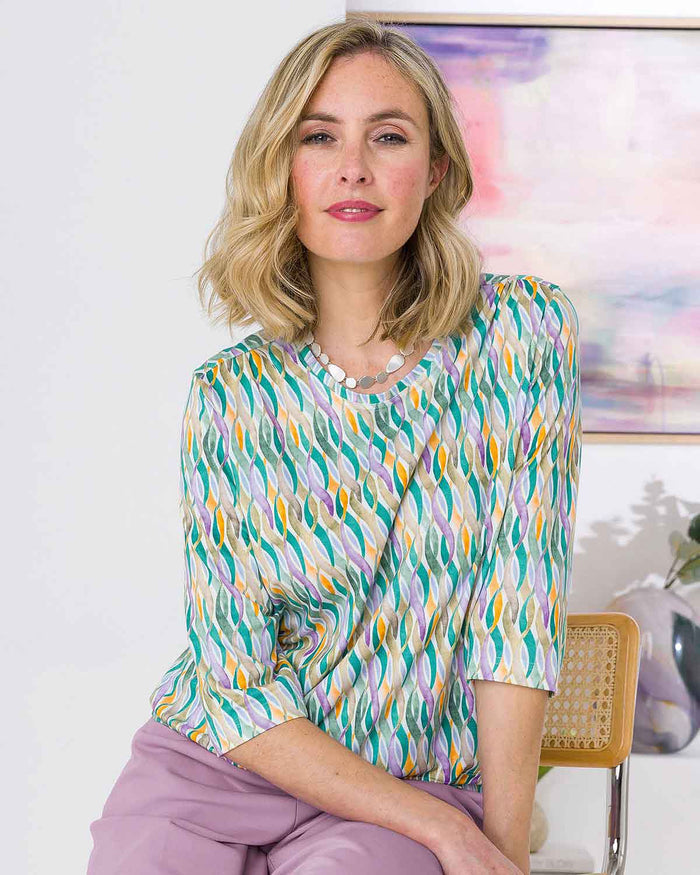 Tiana Patterned Pure Cotton 3/4 Sleeve Blouson Top - Image 1 - The Classic Boutique