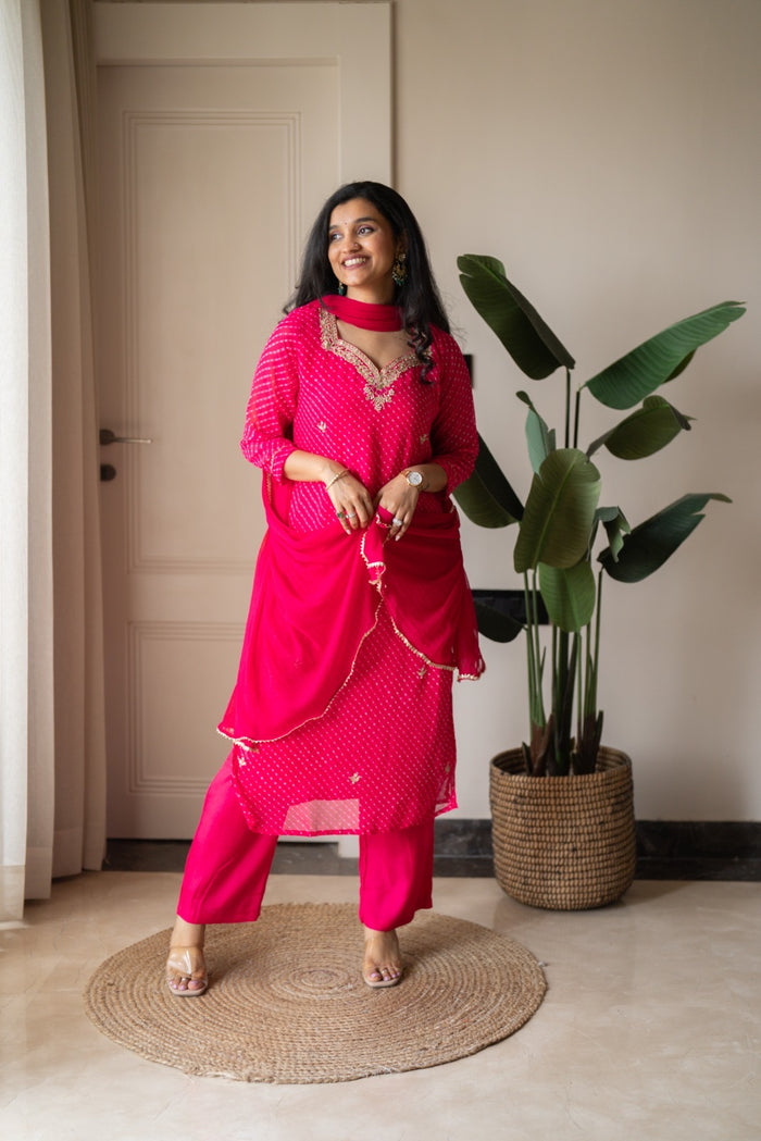 Prisca Pink Mothra Georgette Suit