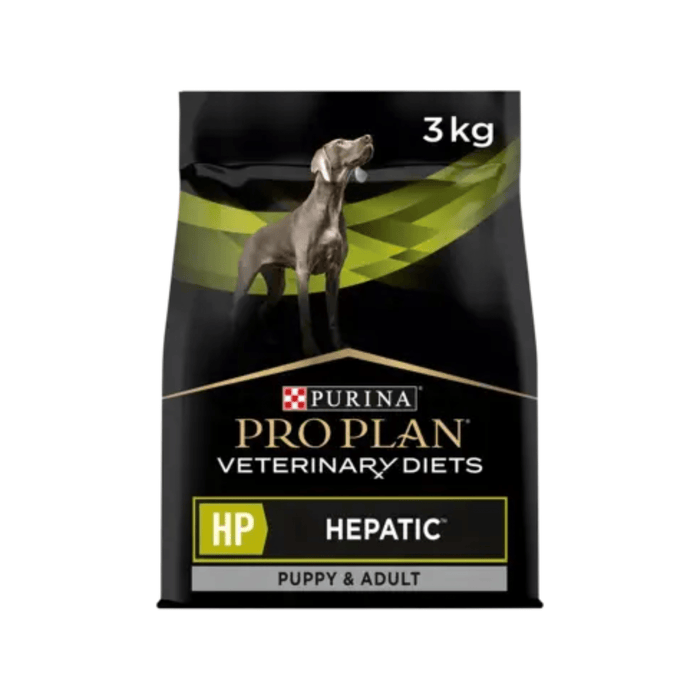 White background with a black bag of Purina Pro Plan Veterinary Diets HP Hepatic for Puppy & Adult. Pictured on the bag is an adult Weimaraner dog.