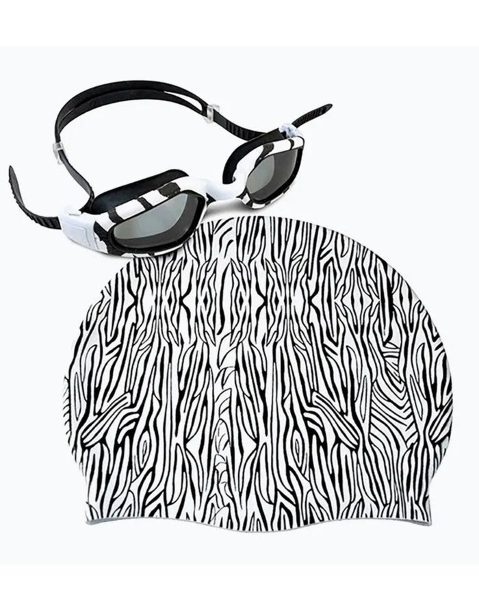 Adult Silicone Swimming Cap & Goggle Set - Zebra