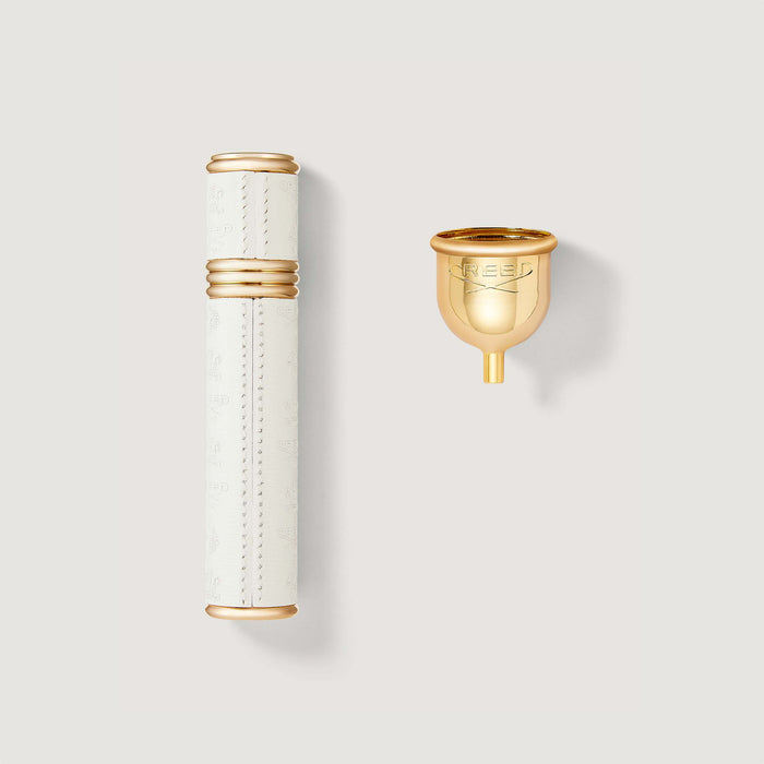 White & Gold 10ml Travel Perfume Atomizer with Refill Funnel - Flat Lay | Creed Boutique