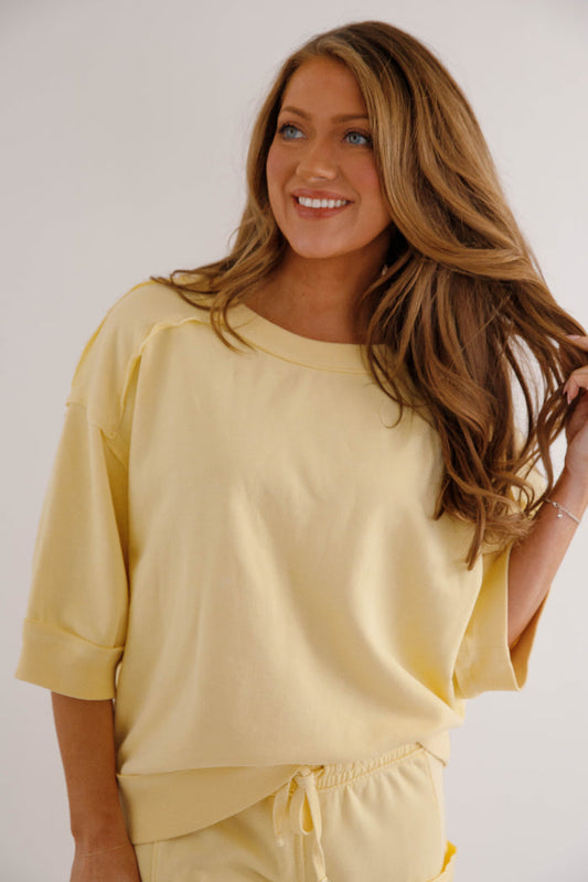 Mineral Washed French Terry Top – Relaxed  Athleisure Pullover- Yellow Rae Mode Athletic Set