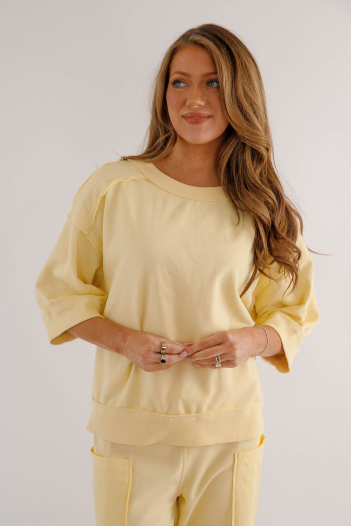 Mineral Washed French Terry Top – Relaxed  Athleisure Pullover- Yellow Rae Mode Athletic Set