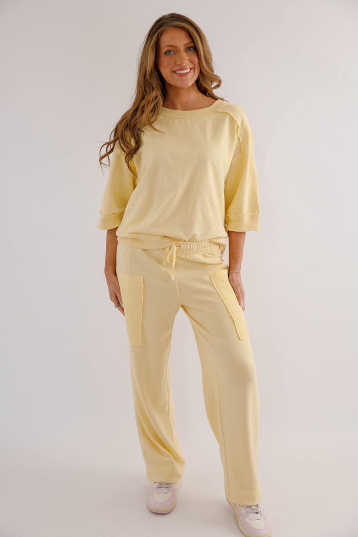 Mineral Washed French Terry Top – Relaxed  Athleisure Pullover- Yellow Rae Mode Athletic Set