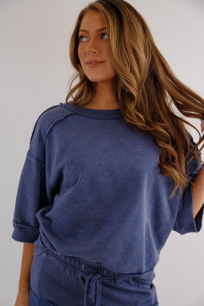 Mineral Washed French Terry Top – Relaxed  Athleisure Pullover- Navy Rae Mode Athletic Set