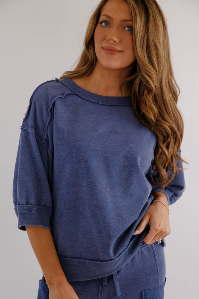 Mineral Washed French Terry Top – Relaxed  Athleisure Pullover- Navy Rae Mode Athletic Set