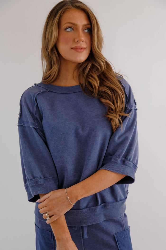 Mineral Washed French Terry Top – Relaxed  Athleisure Pullover- Navy Rae Mode Athletic Set