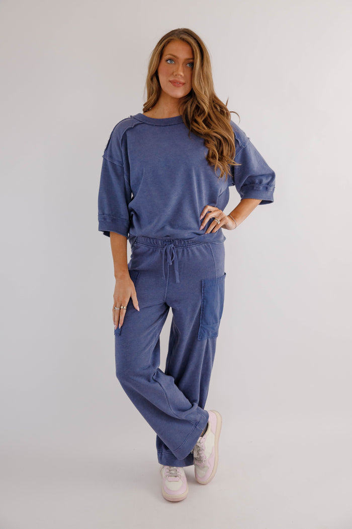 Mineral Washed French Terry Top – Relaxed  Athleisure Pullover- Navy Rae Mode Athletic Set