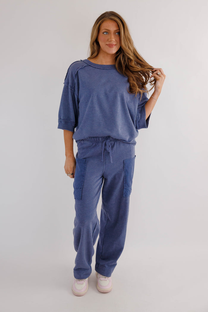 Mineral Washed French Terry Top – Relaxed  Athleisure Pullover- Navy Rae Mode Athletic Set