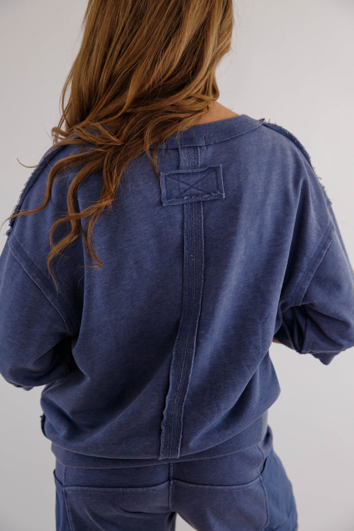 Mineral Washed French Terry Top – Relaxed  Athleisure Pullover- Navy Rae Mode Athletic Set