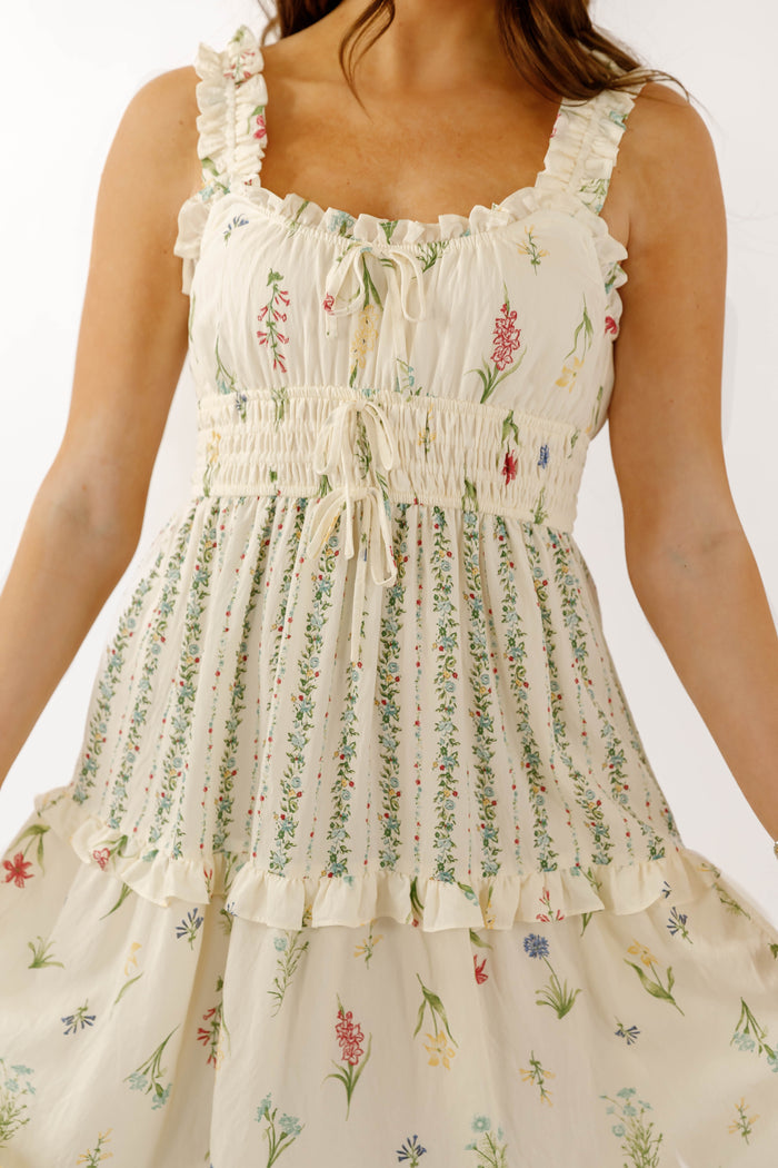 Women's Cream Floral Midi Dress- Affordable Summer Floral Dress- Cottage Floral Dress