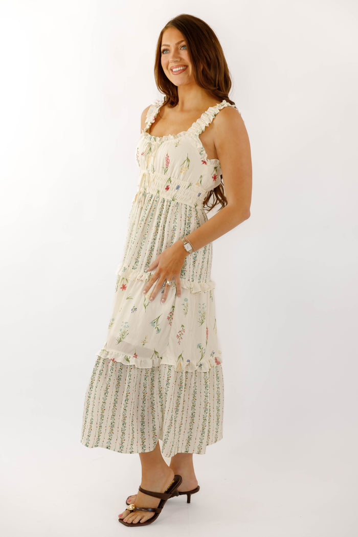 Women's Cream Floral Midi Dress- Affordable Summer Floral Dress- Cottage Floral Dress