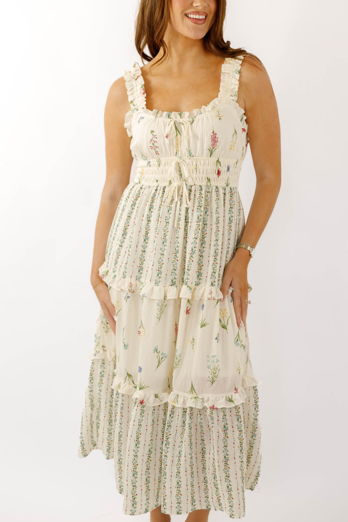 Women's Cream Floral Midi Dress- Affordable Summer Floral Dress- Cottage Floral Dress