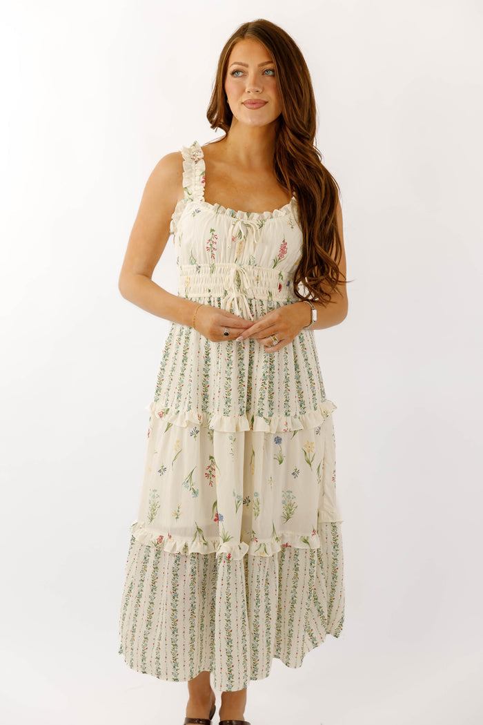 Women's Cream Floral Midi Dress- Affordable Summer Floral Dress- Cottage Floral Dress