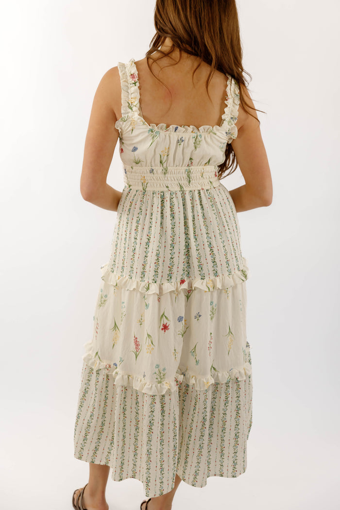 Women's Cream Floral Midi Dress- Affordable Summer Floral Dress- Cottage Floral Dress