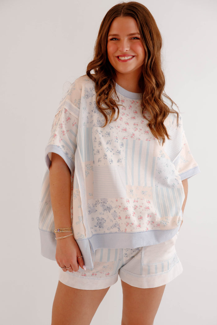 Matching Athleisure Set- Floral Patchwork and Striped Top- Peach Love Cream Matching Set