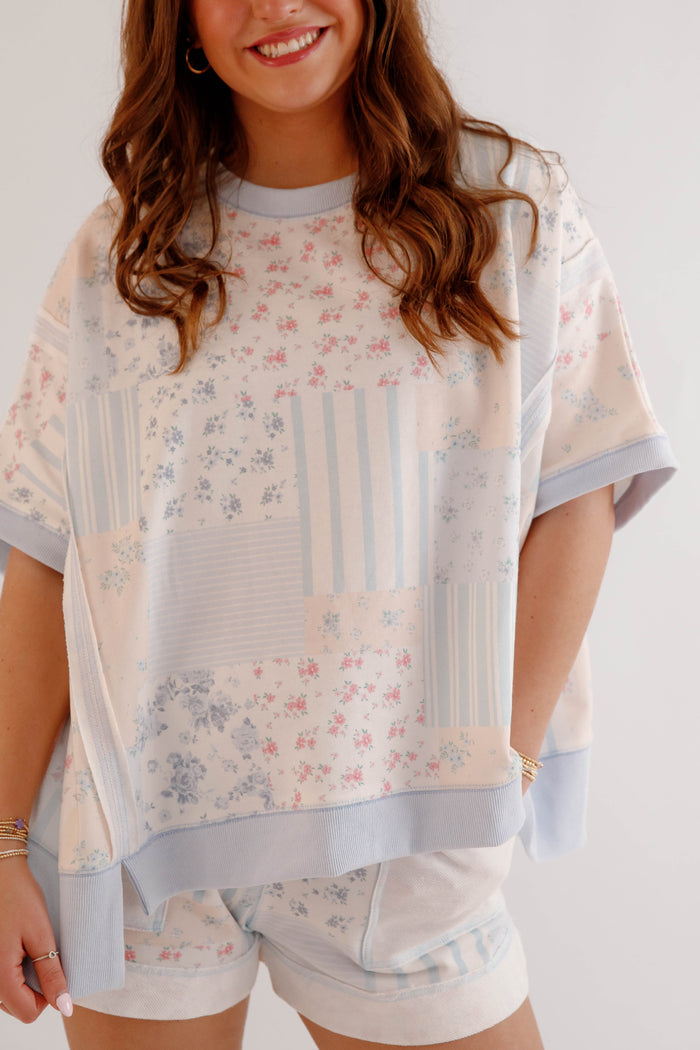 Matching Athleisure Set- Floral Patchwork and Striped Top- Peach Love Cream Matching Set
