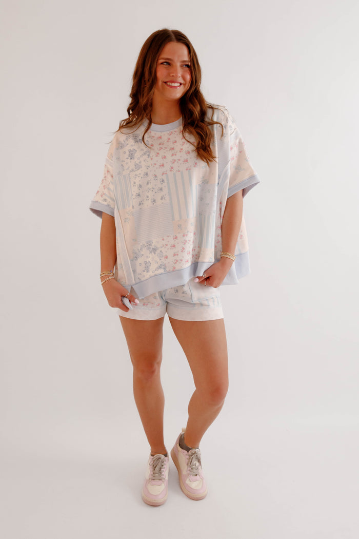 Matching Athleisure Set- Floral Patchwork and Striped Top- Peach Love Cream Matching Set