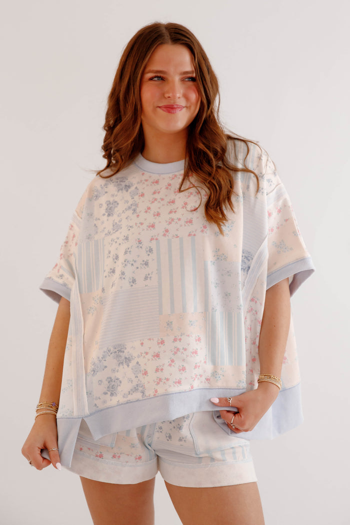 Matching Athleisure Set- Floral Patchwork and Striped Top- Peach Love Cream Matching Set