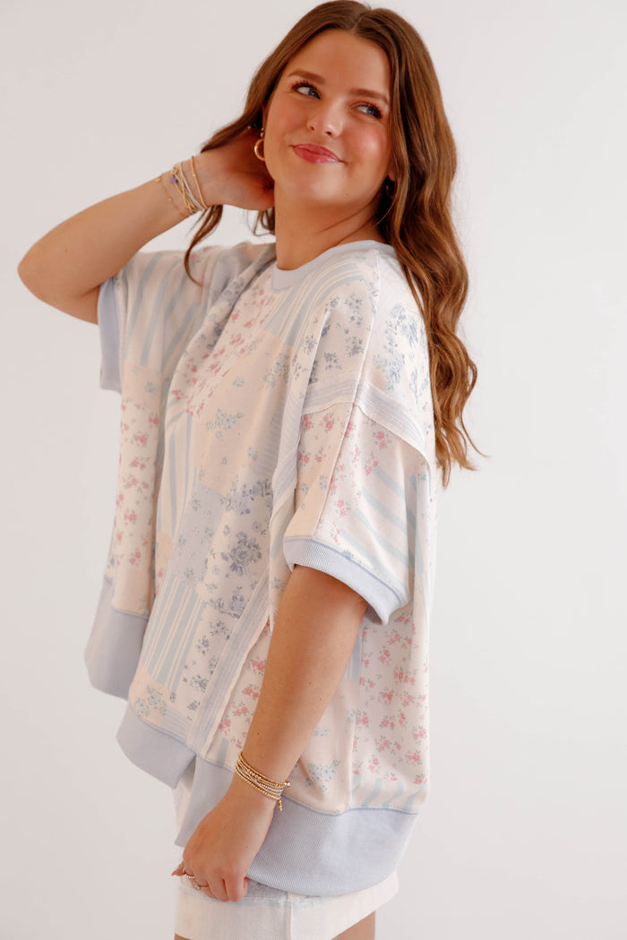 Matching Athleisure Set- Floral Patchwork and Striped Top- Peach Love Cream Matching Set
