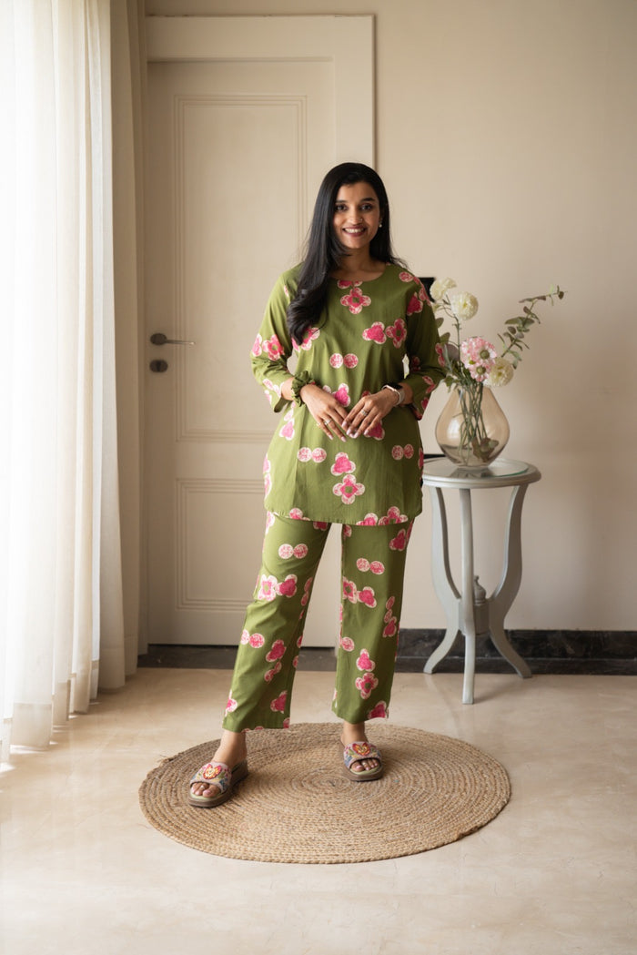 Rika Cotton Lounge Set- Green Florals