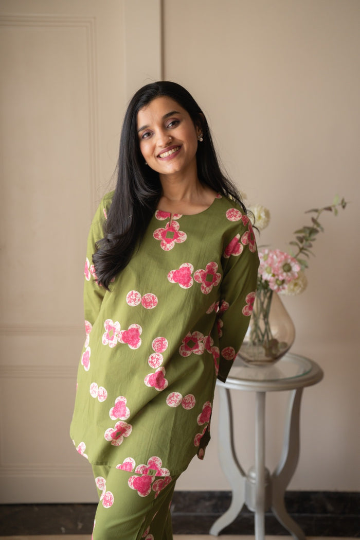 Rika Cotton Lounge Set- Green Florals