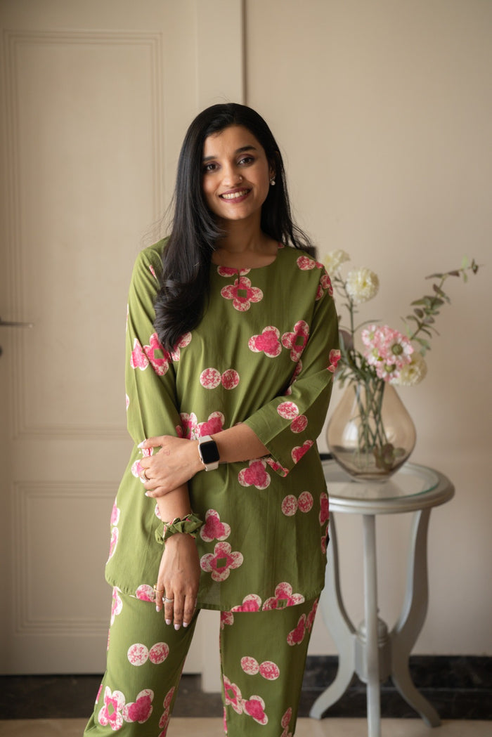 Rika Cotton Lounge Set- Green Florals
