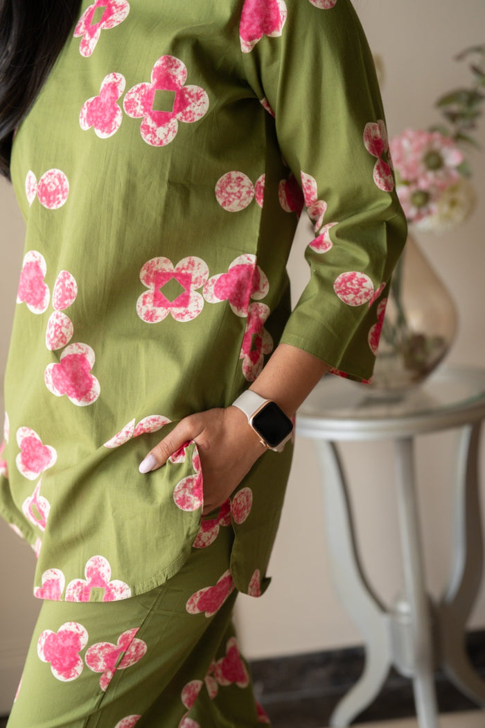 Rika Cotton Lounge Set- Green Florals