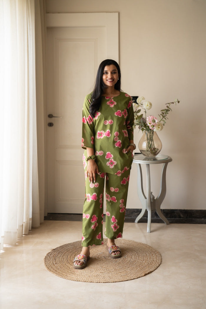 Rika Cotton Lounge Set- Green Florals