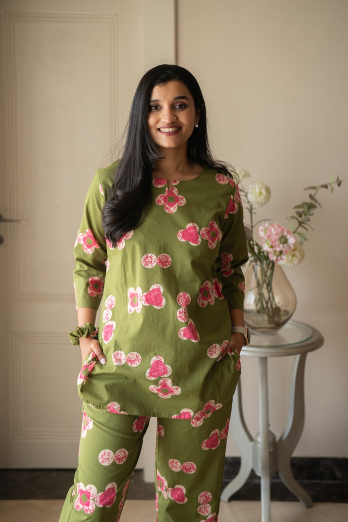 Rika Cotton Lounge Set- Green Florals