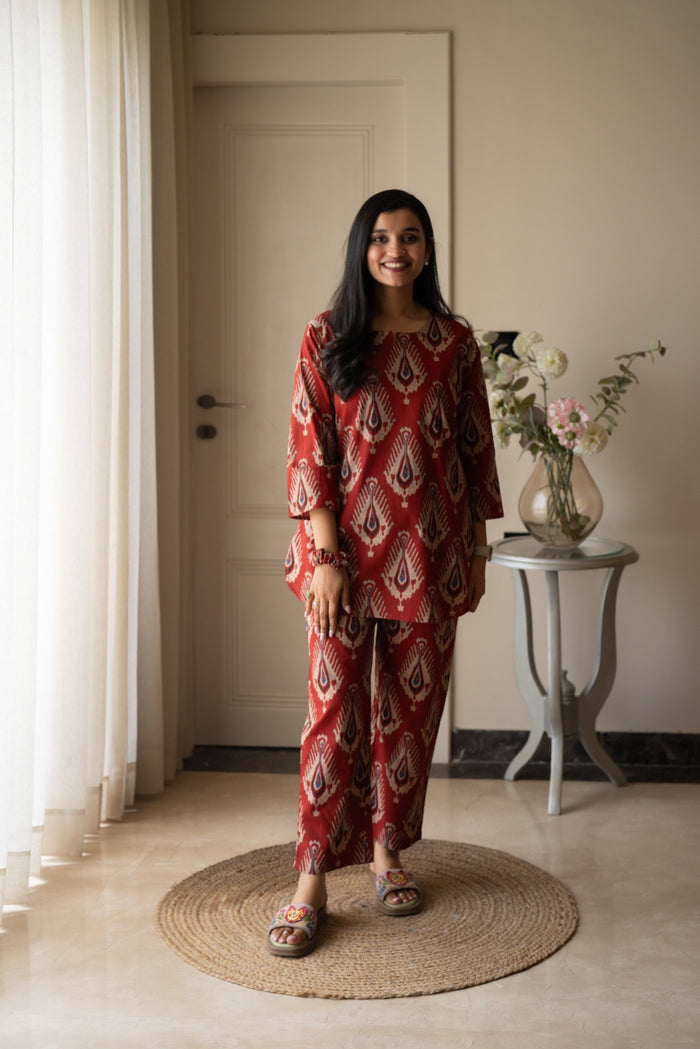 Rika Cotton Lounge Set- Maroon Boota