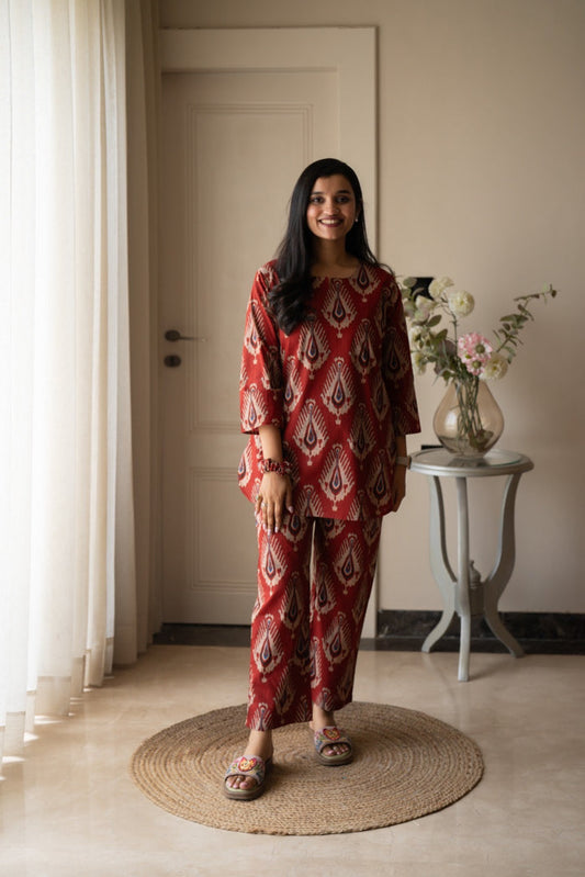 Rika Cotton Lounge Set- Maroon Boota