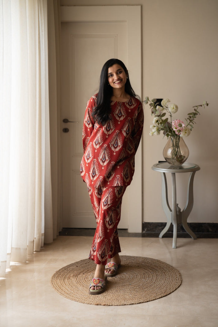 Rika Cotton Lounge Set- Maroon Boota