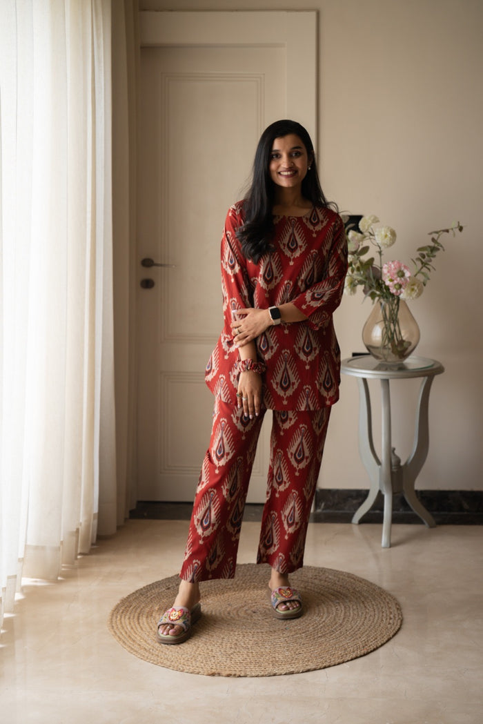Rika Cotton Lounge Set- Maroon Boota