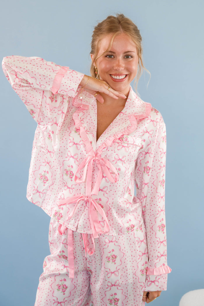 Women's Pink Bow Pajama Top- Floral Print Pajama Top- Women's Stain PJ Set
