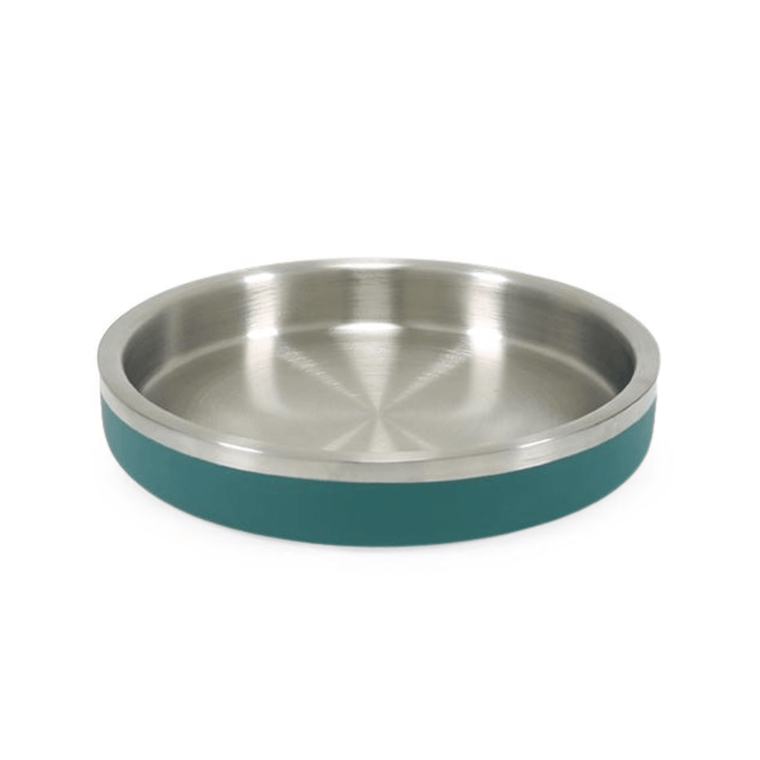 White background with a shallow teal coated stainless steel Rosewood Premium pet bowl.