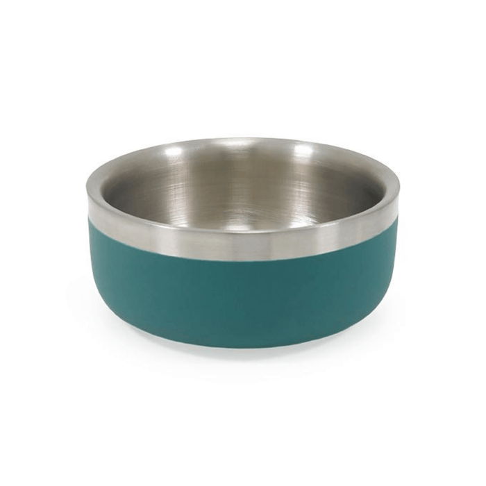 White background with a deep 350ml teal coated stainless steel Rosewood Premium pet bowl.